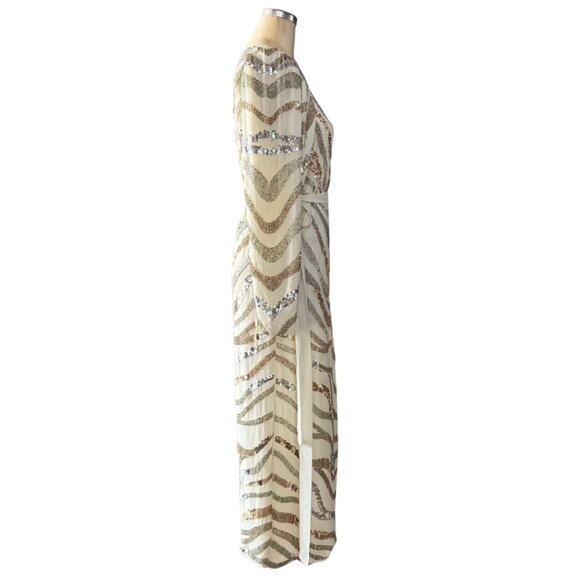 ASOS White, Gold, Silver Long Sleeve Sequin Zebra Print Wrap Midi Dress Size 6 - Picture 6 of 16